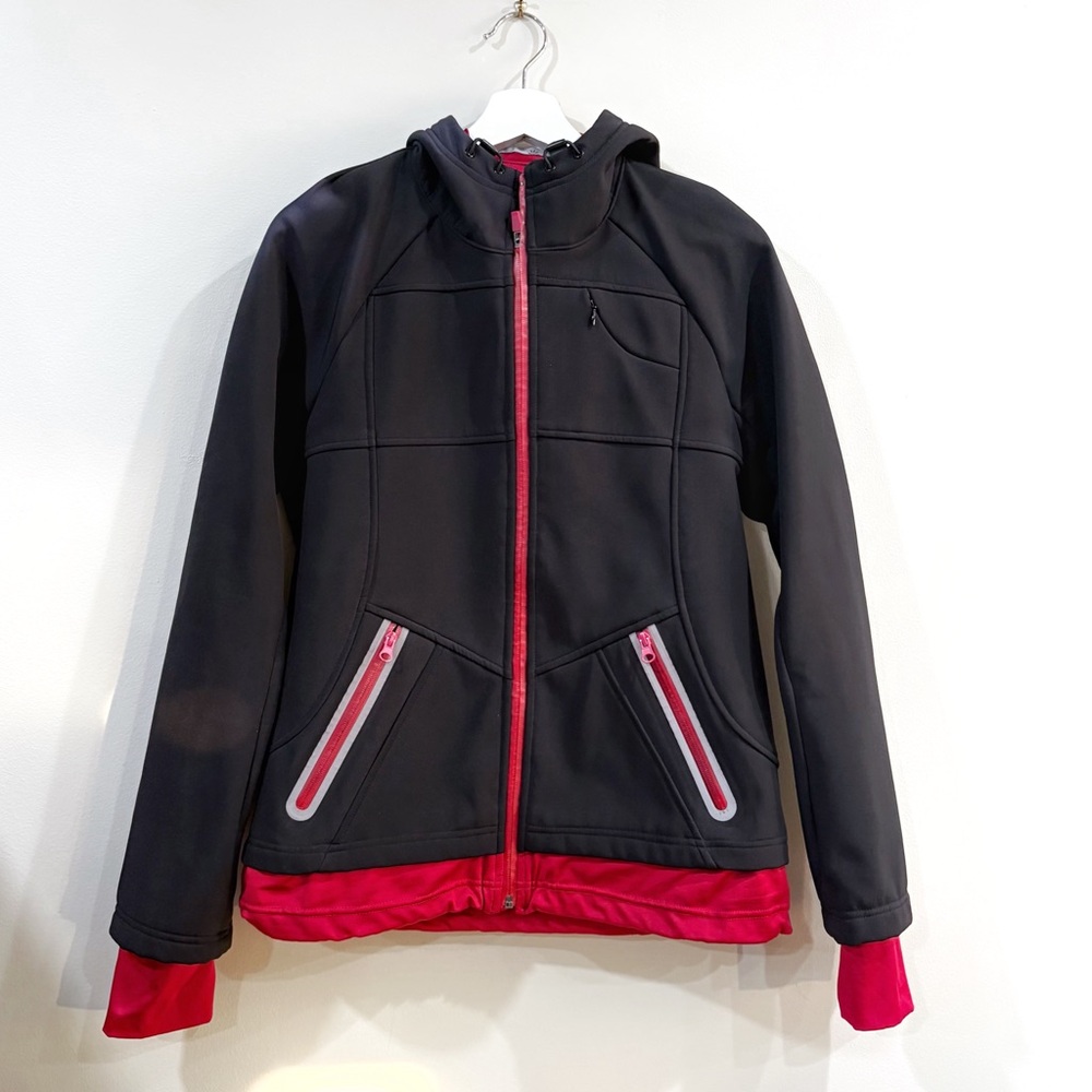 Athleta Black Softshell Jacket Hooded Zip Front Fuschia Pink Trim Fleece Sz M